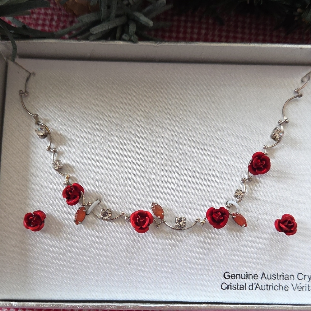 Austrian Crystal Red Rose and Silver Necklace & Red Rose Stud Earrings